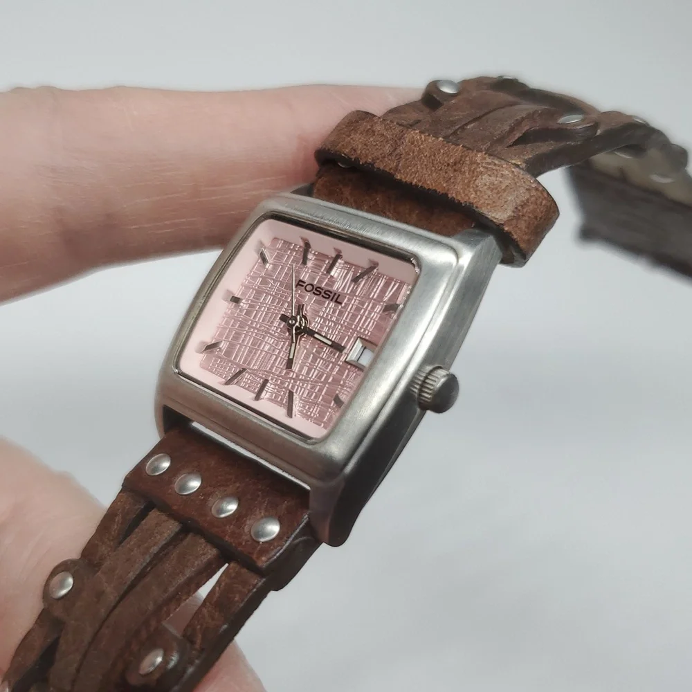 Fossil Watch JR8843 Pink Face Brown Woven Leather Band NWOT
